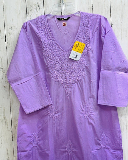 Kurti Connection USA lavender cotton tunic with intricate white floral embroidery and a flattering V-neckline.
