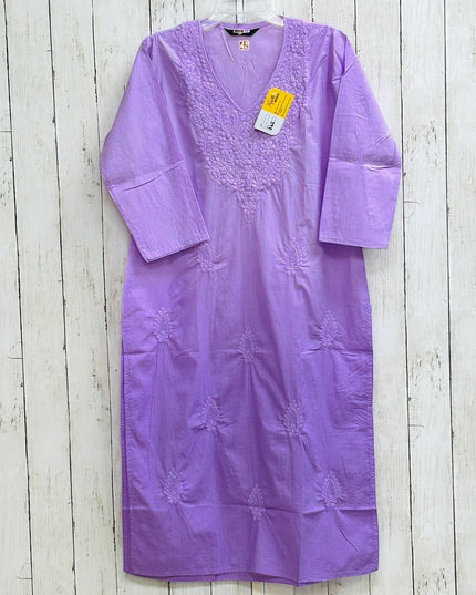 Kurti Connection USA lavender cotton tunic with white floral embroidery, V-neckline, and three-quarter sleeves.