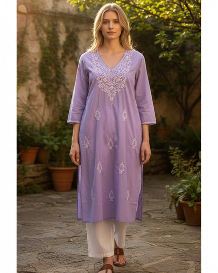 Kurti Connection USA lavender cotton tunic with white floral embroidery, V-neck, and three-quarter sleeves.