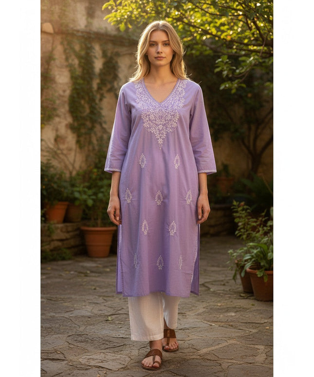 Kurti Connection USA lavender cotton tunic with white floral embroidery, V-neck, and three-quarter sleeves.