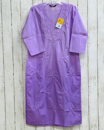 Kurti Connection USA lavender cotton tunic with white floral embroidery, V-neckline, and three-quarter sleeves.