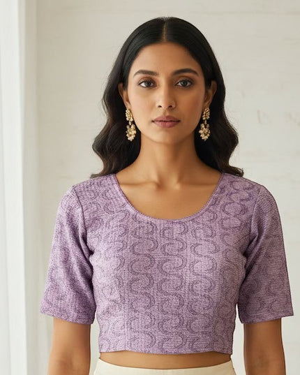 Kurti Connection USA lavender embroidered crop top blouse with scoop neckline and short sleeves.