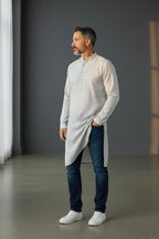 Kurti Connection USA men's light grey kurta shirt with subtle gold geometric pattern, mandarin collar, and button placket.