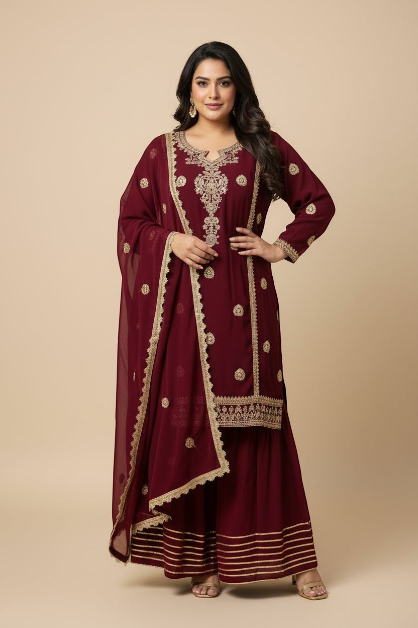 Model wearing a Kurti Connection USA maroon embroidered kurti and flared sharara set with a matching dupatta.