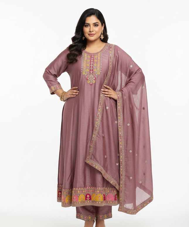 Kurti Connection USA mauve kurta set with intricate multi-colored embroidery on the neckline, hem, and dupatta.