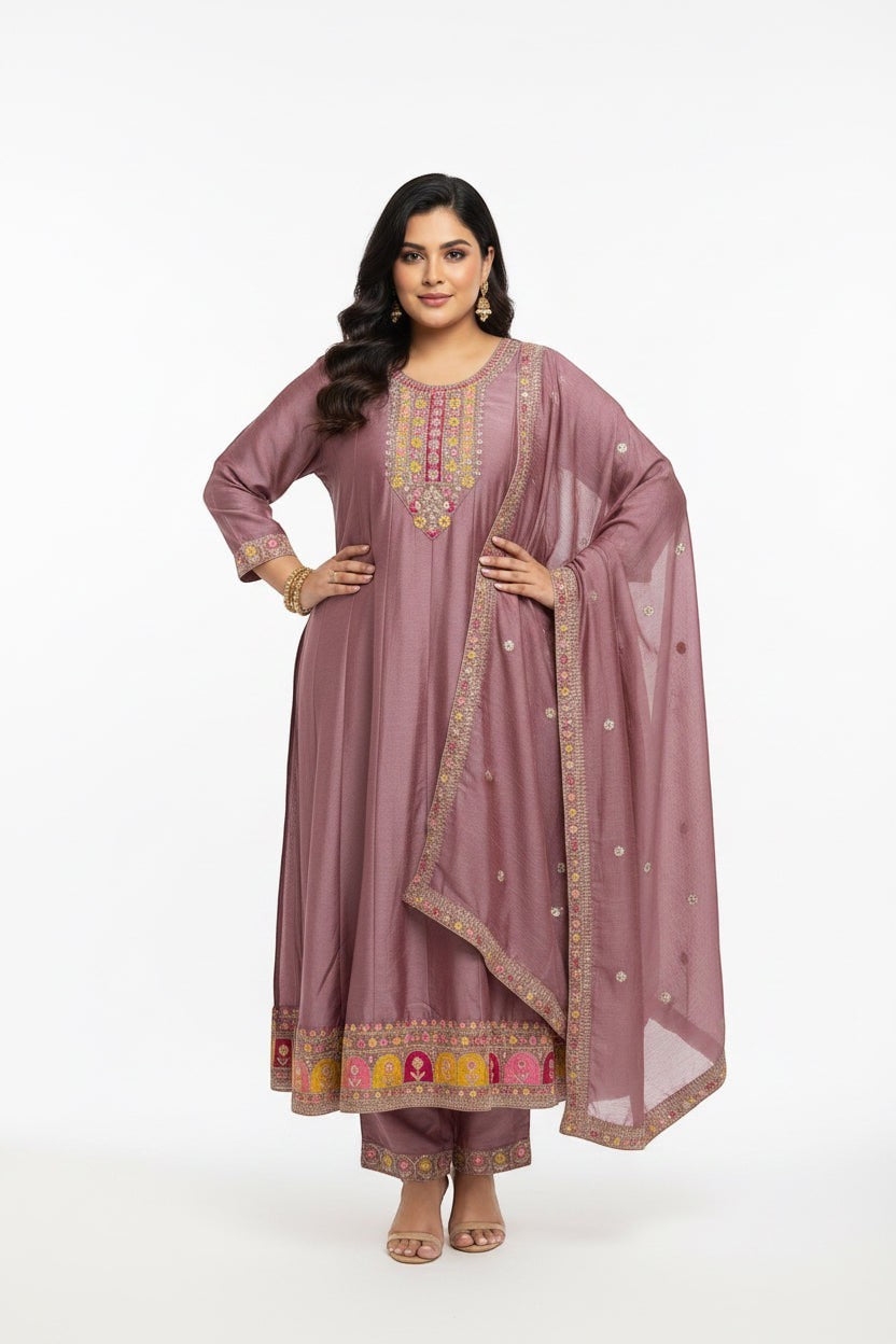 Kurti Connection USA mauve kurta set with intricate multi-colored embroidery on the neckline, hem, and dupatta.
