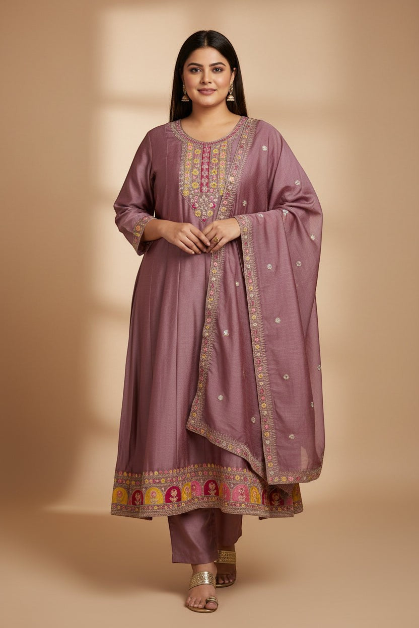 Kurti Connection USA mauve kurta set with intricate multi-colored embroidery on the neckline, hem, and matching dupatta.