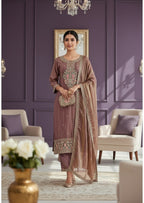 Kurti Connection USA mauve silk kurti pant and dupatta set with intricate floral embroidery. Festive ethnic wear.
