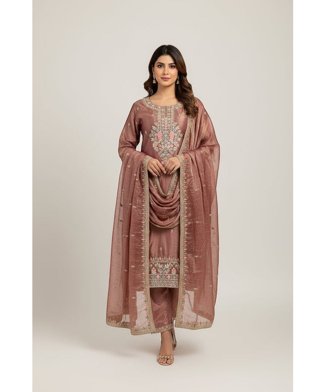 Kurti Connection USA mauve silk kurti pant and dupatta set with intricate floral embroidery and shimmering threadwork.