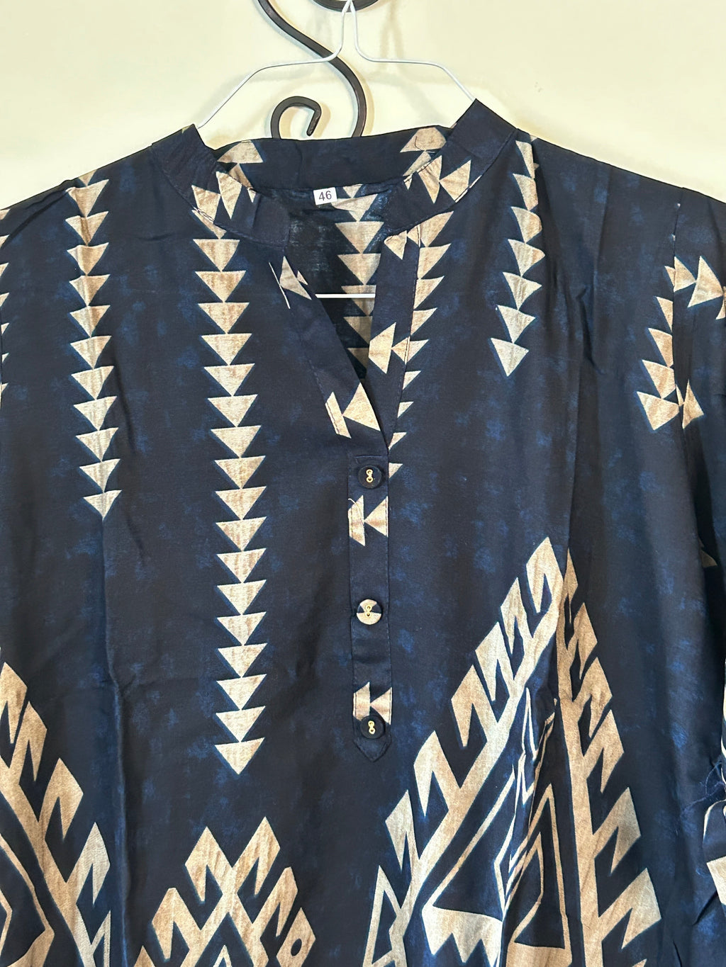 Kurti Connection USA dark navy tunic with beige geometric patterns, mandarin collar, and button-down placket.