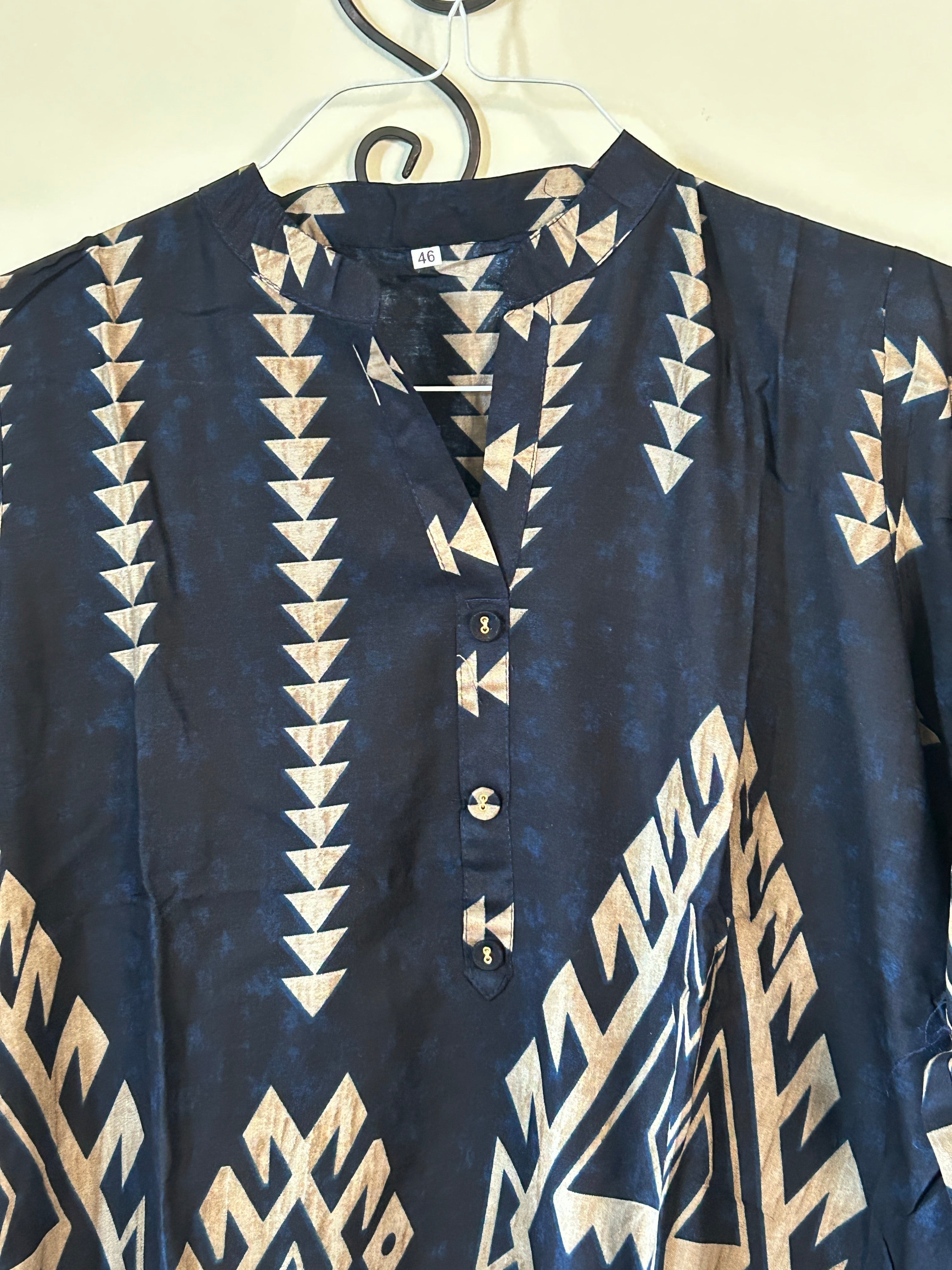 Kurti Connection USA dark navy tunic with beige geometric patterns, mandarin collar, and button-down placket.