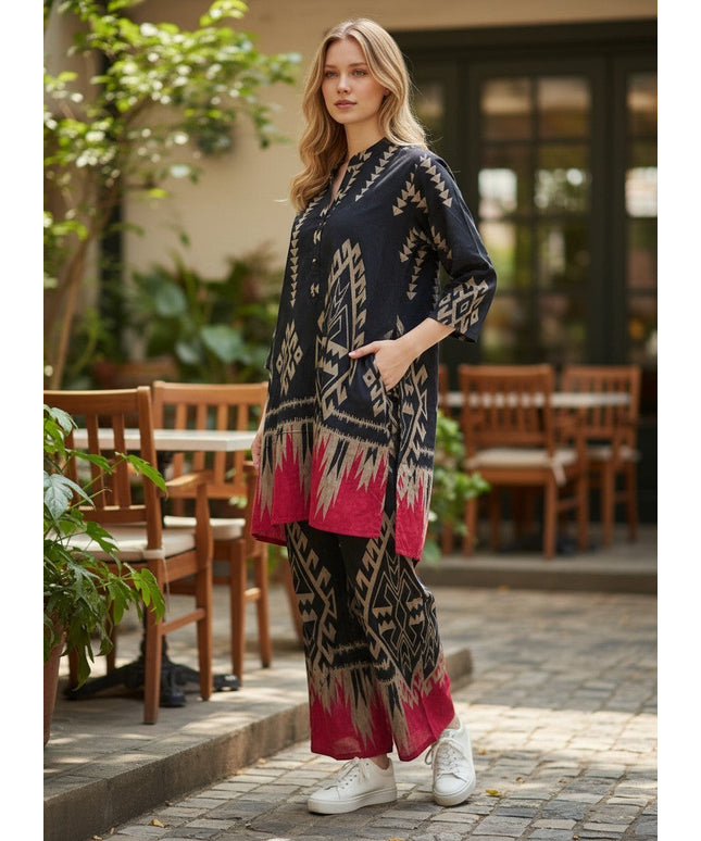 Kurti Connection USA navy tunic and trouser set with geometric beige and pink patterns, mandarin collar, and pockets.