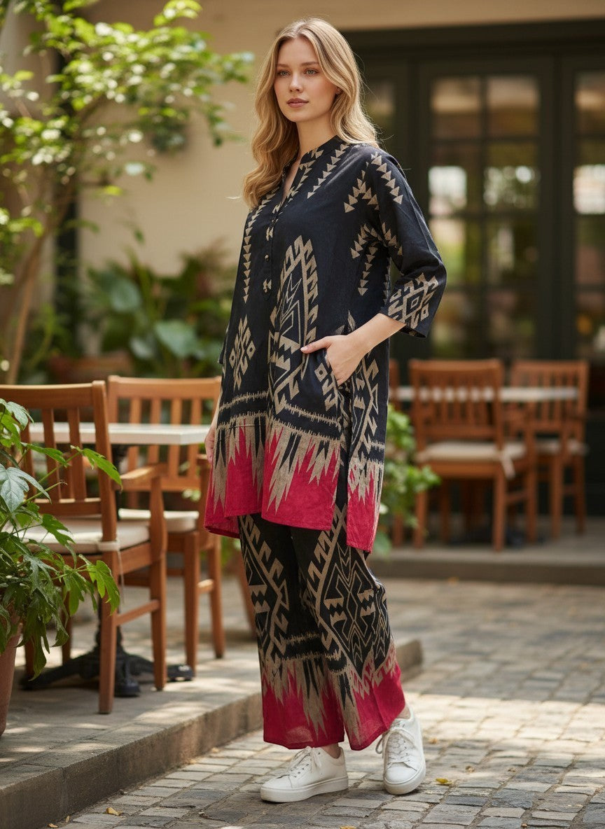 Kurti Connection USA navy tunic and trouser set with geometric beige and pink patterns, mandarin collar, and pockets.