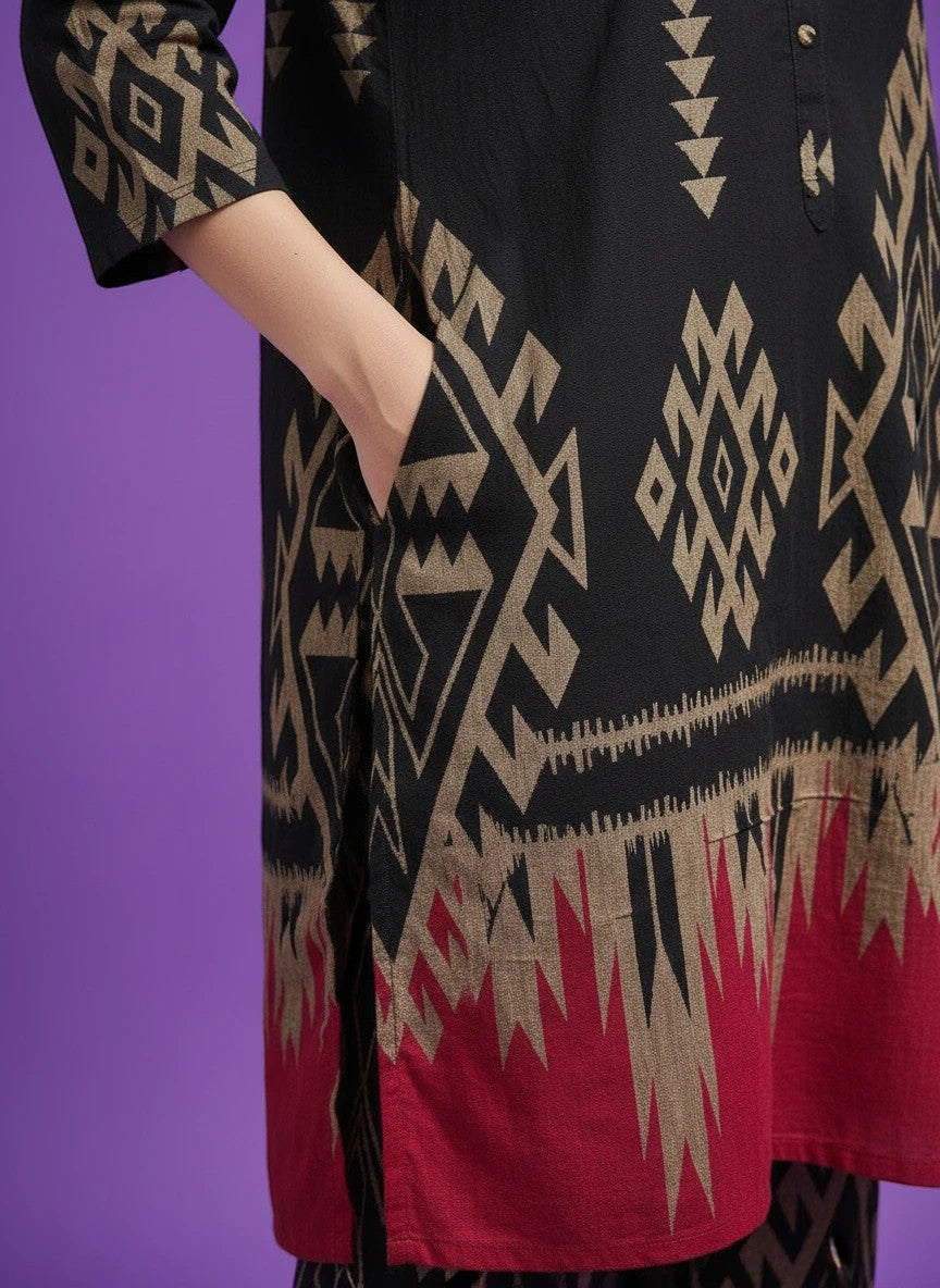 Kurti Connection USA navy tunic with beige geometric patterns and pink hem detail featuring side pocket