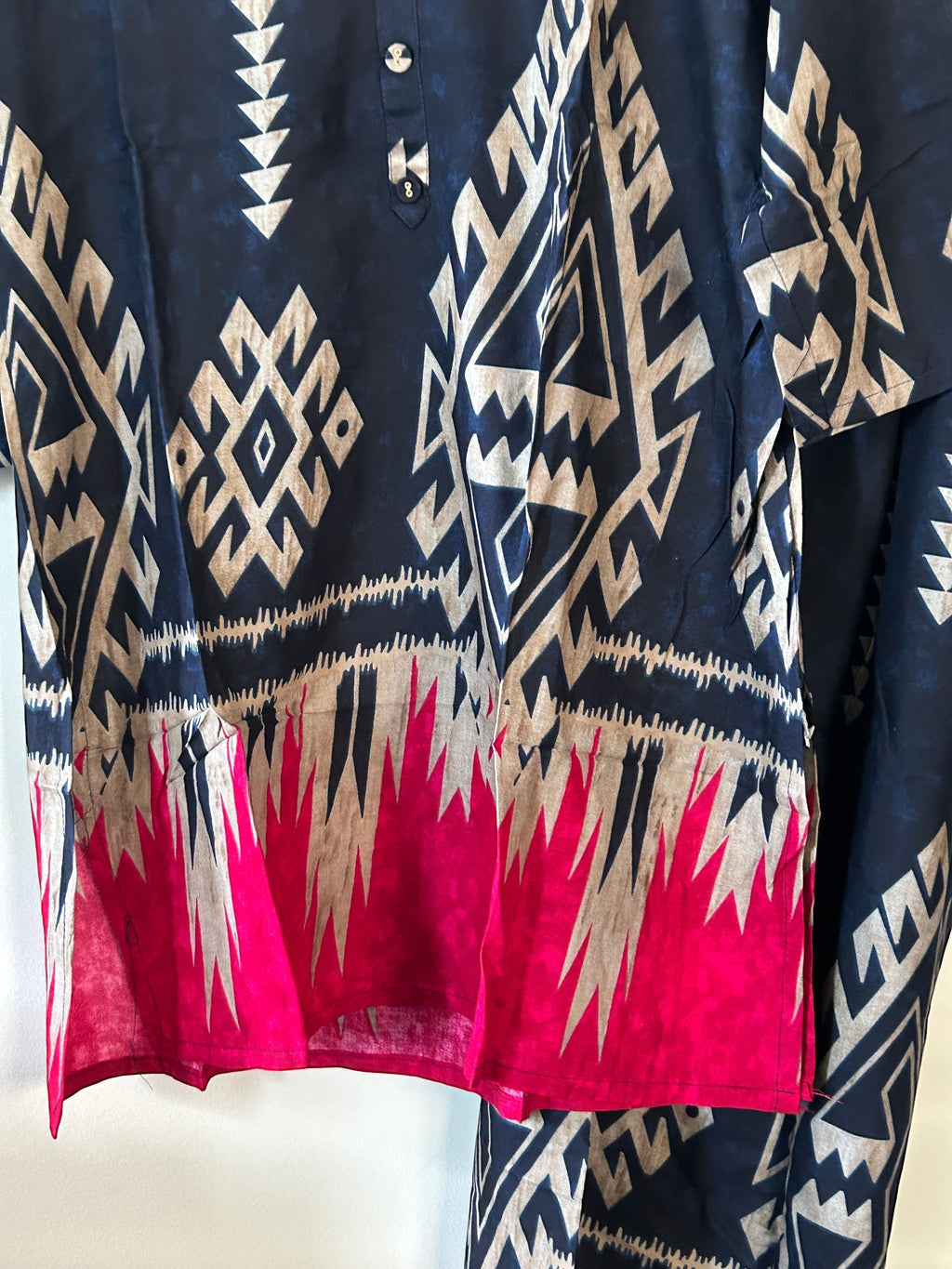 Kurti Connection USA navy tunic with beige geometric patterns and vibrant pink hem detail