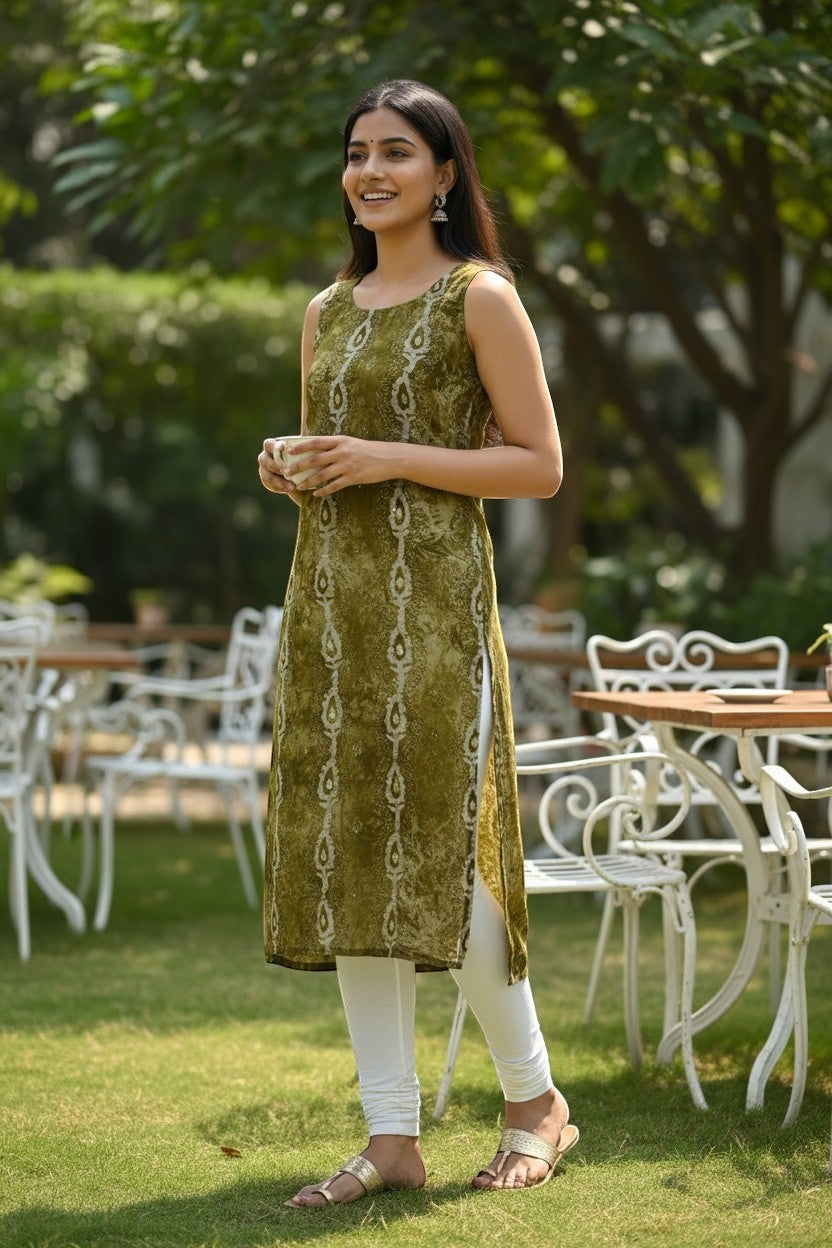 Kurti Connection USA sleeveless olive green printed straight kurti with white leggings and gold sandals.