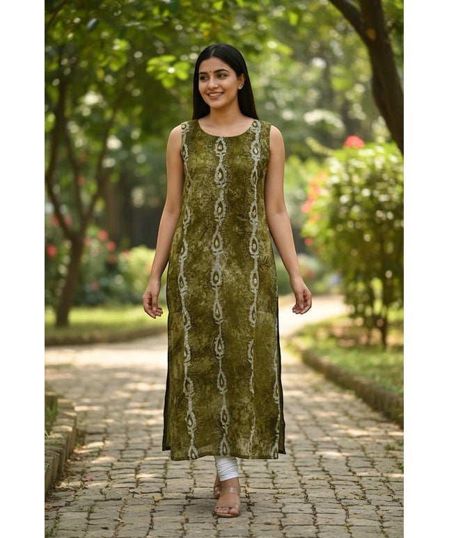 Kurti Connection USA olive green sleeveless straight kurti with all-over print and side slits.