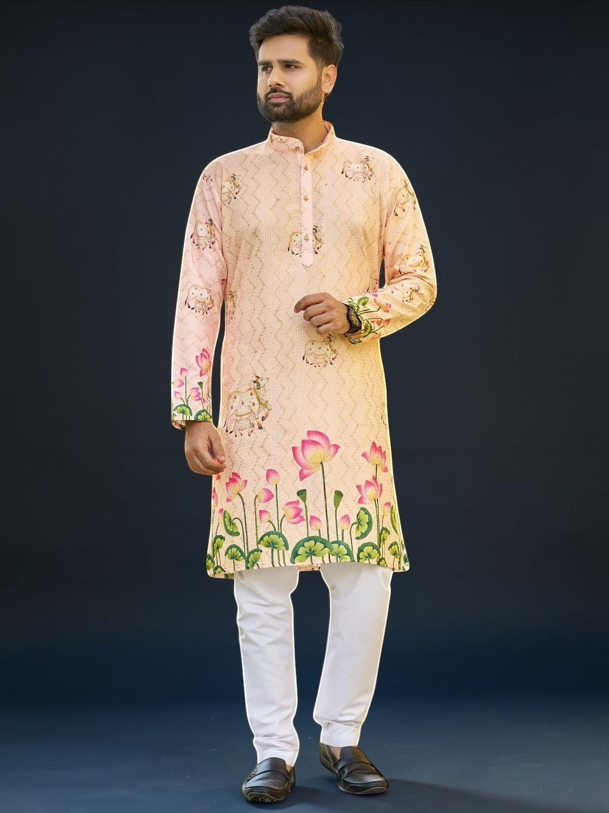 Kurti Connection USA men's peach floral print kurta with white pants, mandarin collar, button-down front, lotus motifs.