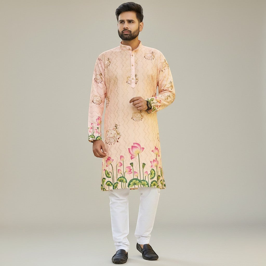 Kurti Connection USA men's peach floral print kurta with mandarin collar and white pants. Lightweight fabric with lotus motif.