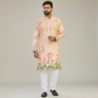 Kurti Connection USA men's peach floral print kurta with mandarin collar and white pants. Lightweight fabric with lotus motif.