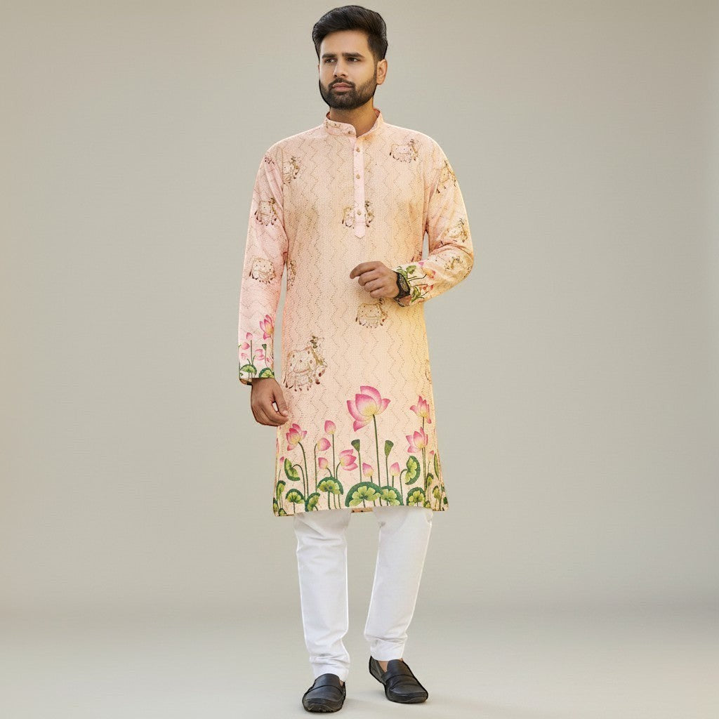 Kurti Connection USA men's peach floral print kurta with mandarin collar and white pants. Lightweight fabric with lotus motif.