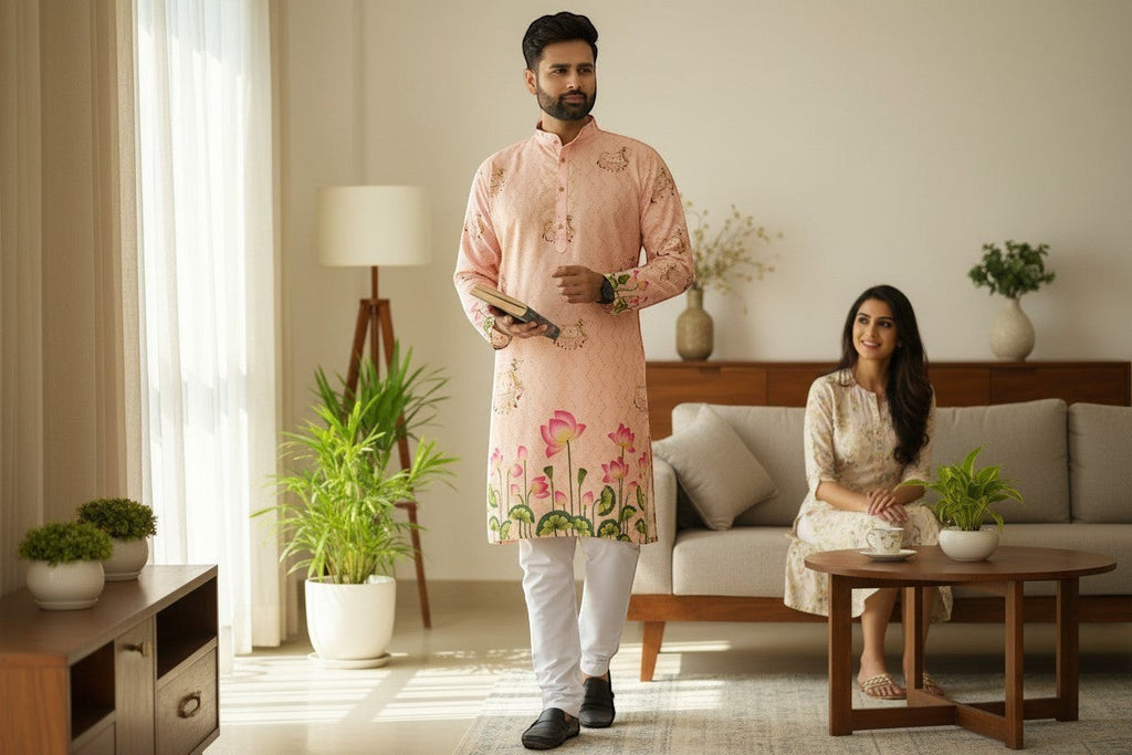 Kurti Connection USA men's peach floral print kurta with white pants, mandarin collar, button-down front, lotus motif.