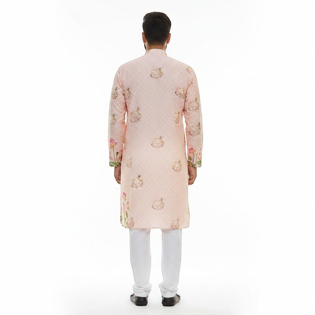Kurti Connection USA men's light peach floral print kurta with mandarin collar and white pants.