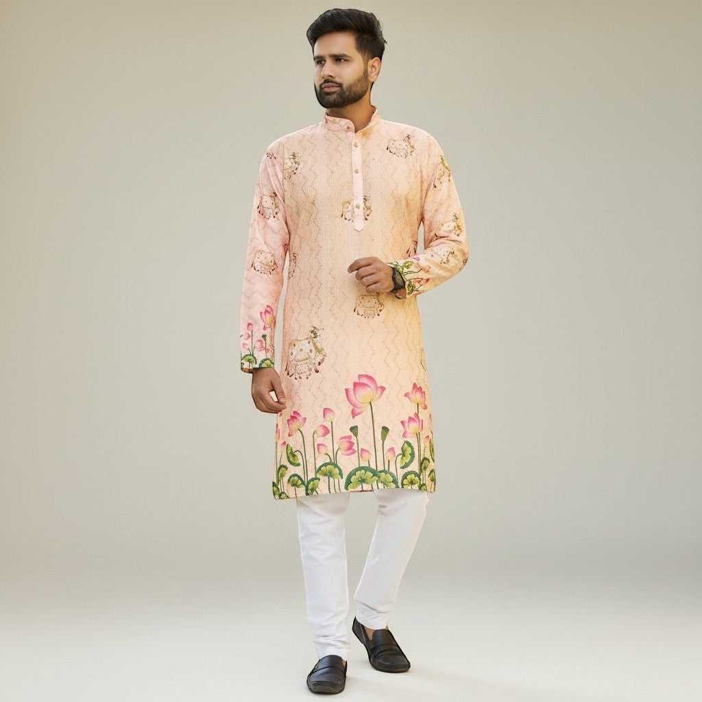 Kurti Connection USA men's peach floral print kurta with mandarin collar and white pants. Lightweight fabric, ideal for festive occasions.