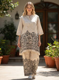 Kurti Connection USA beige kurti and pant set with black geometric botanical print, mandarin collar, and wide legs.