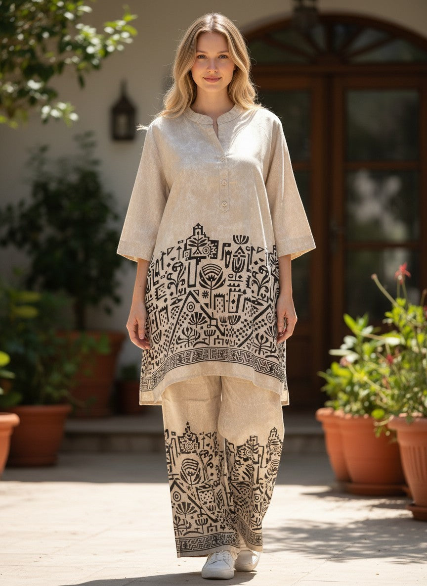 Kurti Connection USA beige kurti and pant set with black geometric botanical print, mandarin collar, and wide legs.