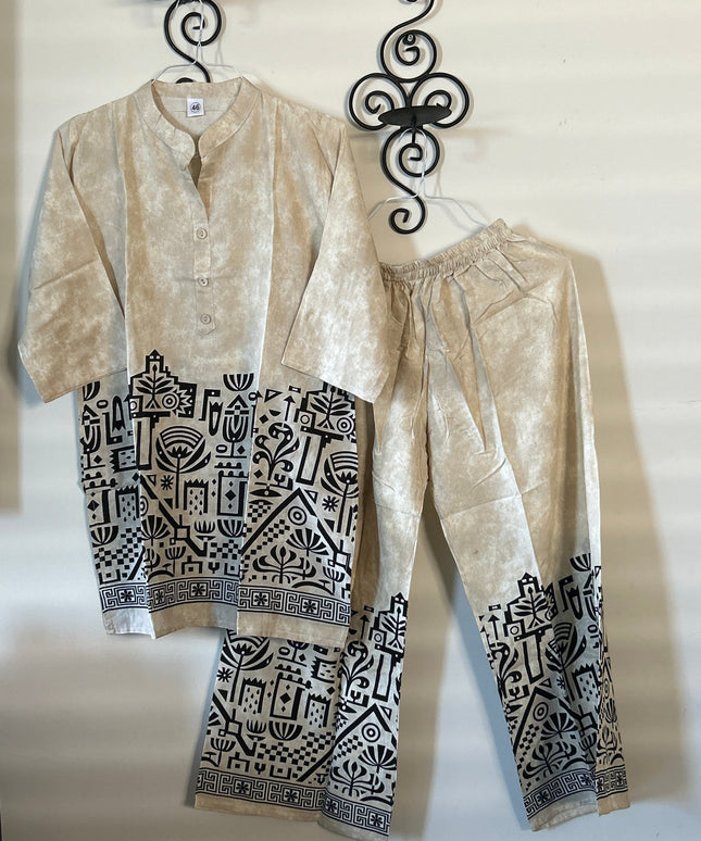 Kurti Connection USA beige kurti and pant set with black geometric and botanical print on the hem