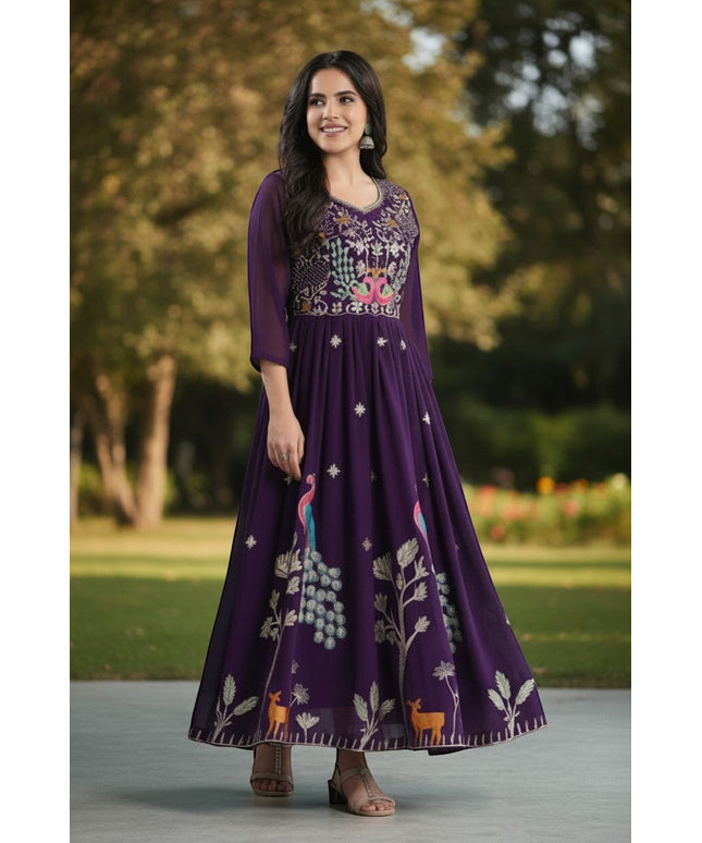 Kurti Connection USA purple georgette Anarkali gown with peacock embroidery on bodice and skirt, deer and tree motifs.