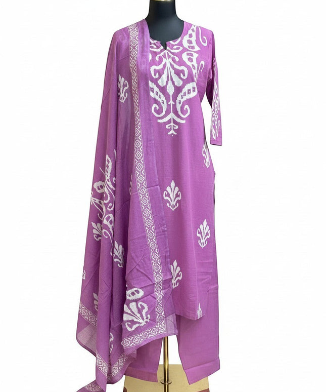 Kurti Connection USA purple three-piece suit set with white traditional block-print motifs and matching dupatta