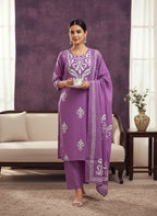 Kurti Connection USA purple three-piece suit set with white block-print motifs, matching trousers, and dupatta.