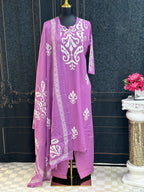 Kurti Connection USA purple three-piece ethnic suit set with white block-print motifs, matching trousers, and dupatta.