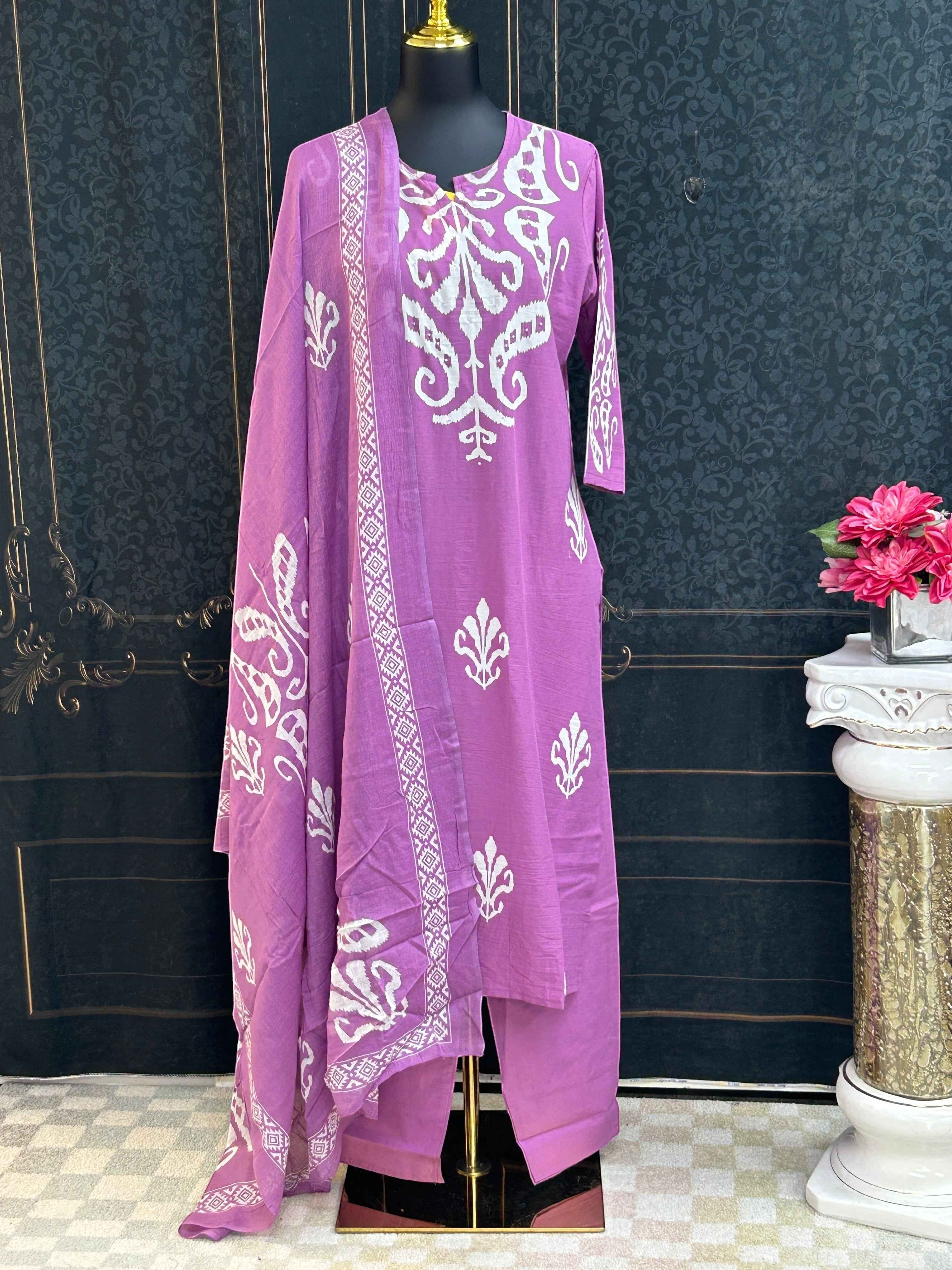 Kurti Connection USA purple three-piece ethnic suit set with white block-print motifs, matching trousers, and dupatta.