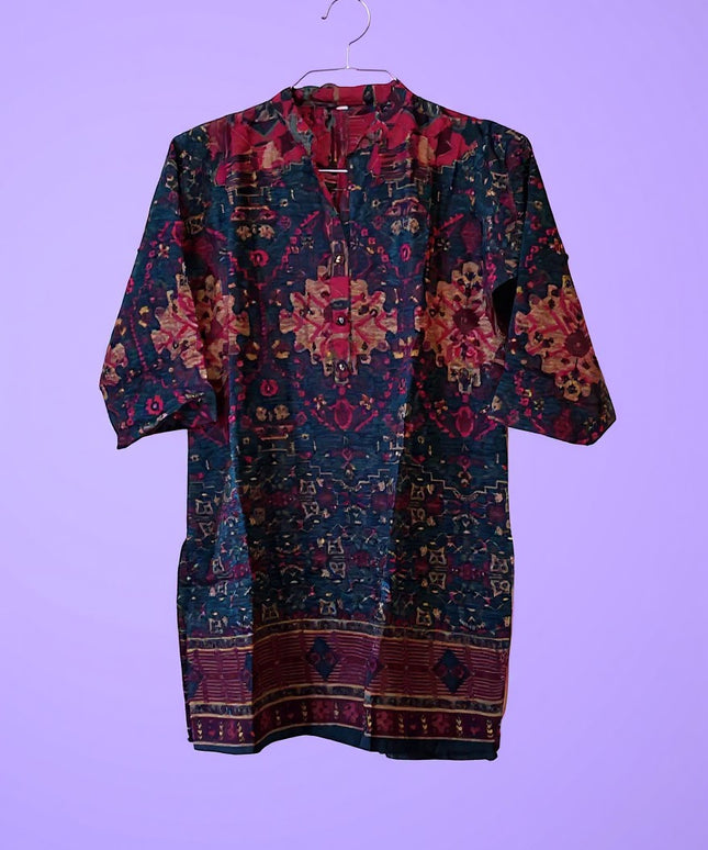 Kurti Connection USA rayon co-ord set featuring a dark blue and red intricate ethnic print with a mandarin collar.