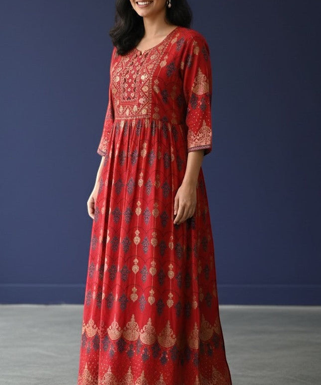 Kurti Connection USA red Anarkali kurti with gold and navy blue prints, detailed yoke, and flowing flare.