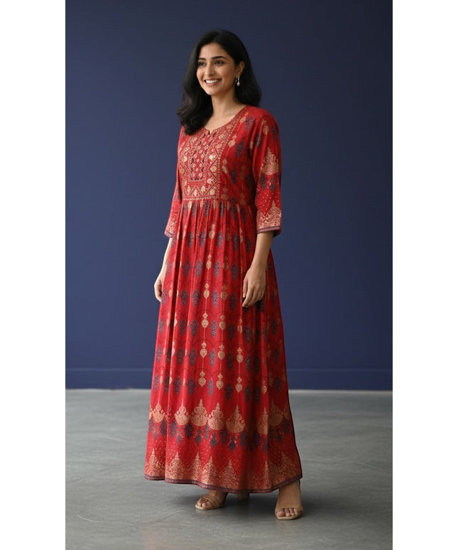 Kurti Connection USA red Anarkali kurti with gold and navy blue prints, detailed yoke, and flowing flare.