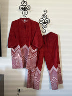 Kurti Connection USA deep red kurti pant set with white chevron geometric print hem and mandarin collar