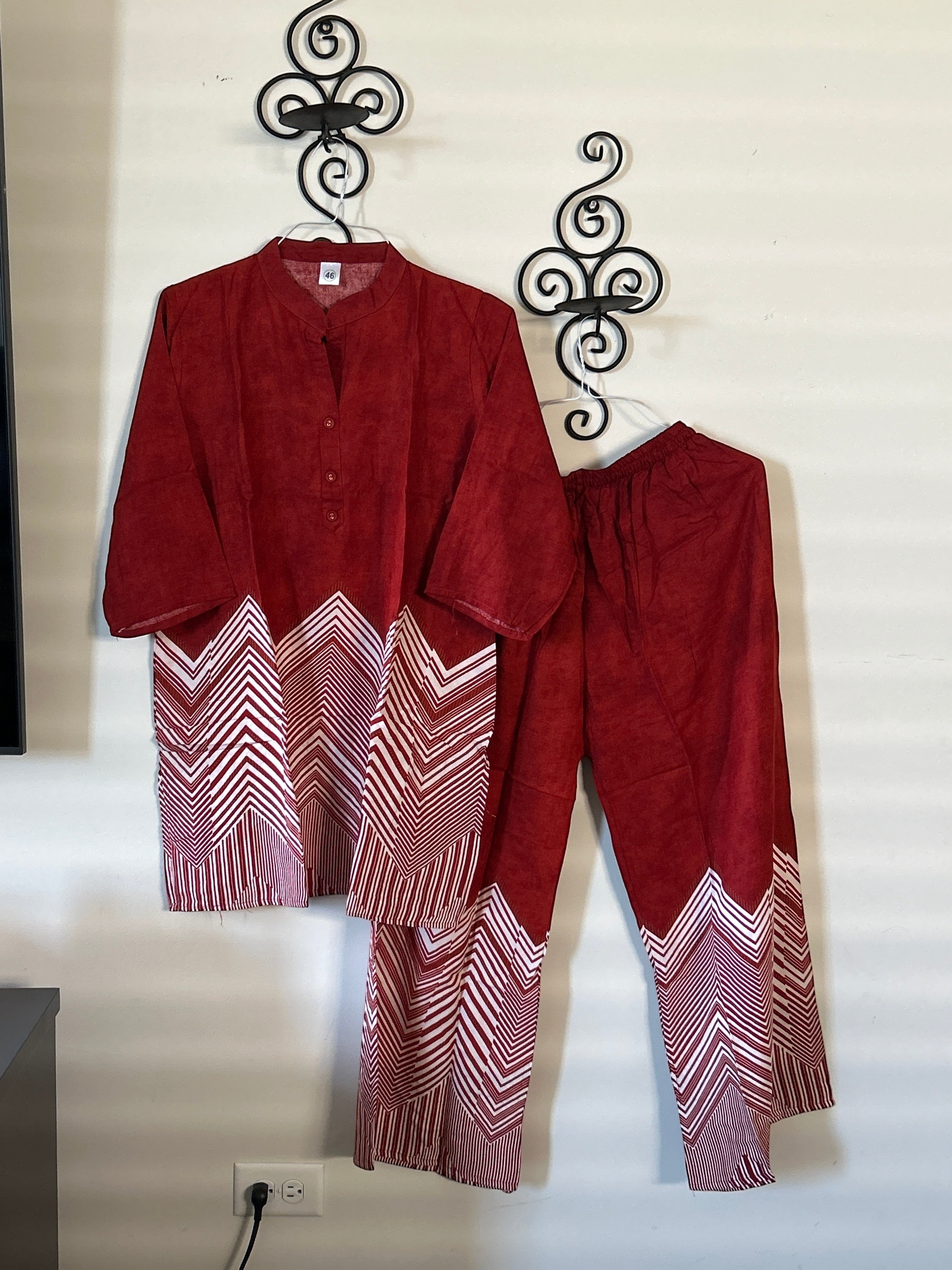 Kurti Connection USA deep red kurti pant set with white chevron geometric print hem and mandarin collar