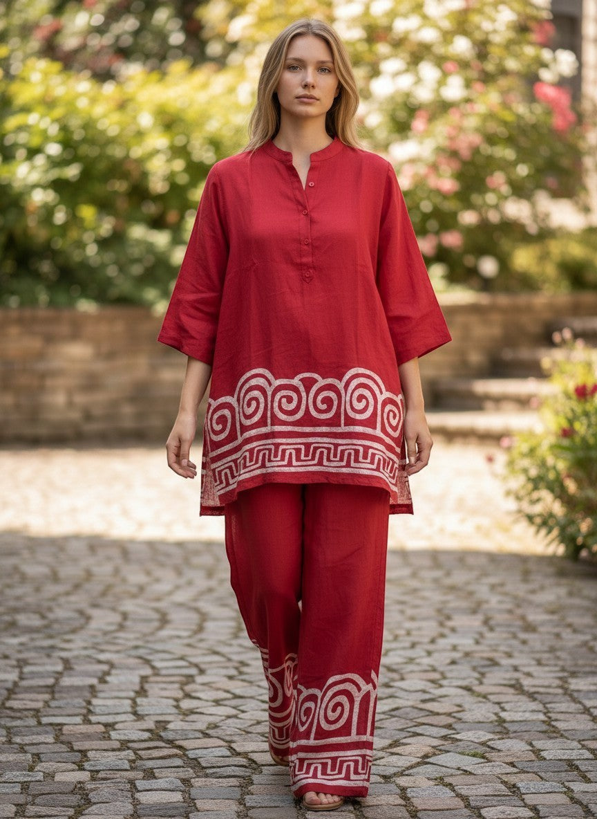 Kurti Connection USA red kurti and pant set with white geometric hem patterns, mandarin collar, and relaxed fit.