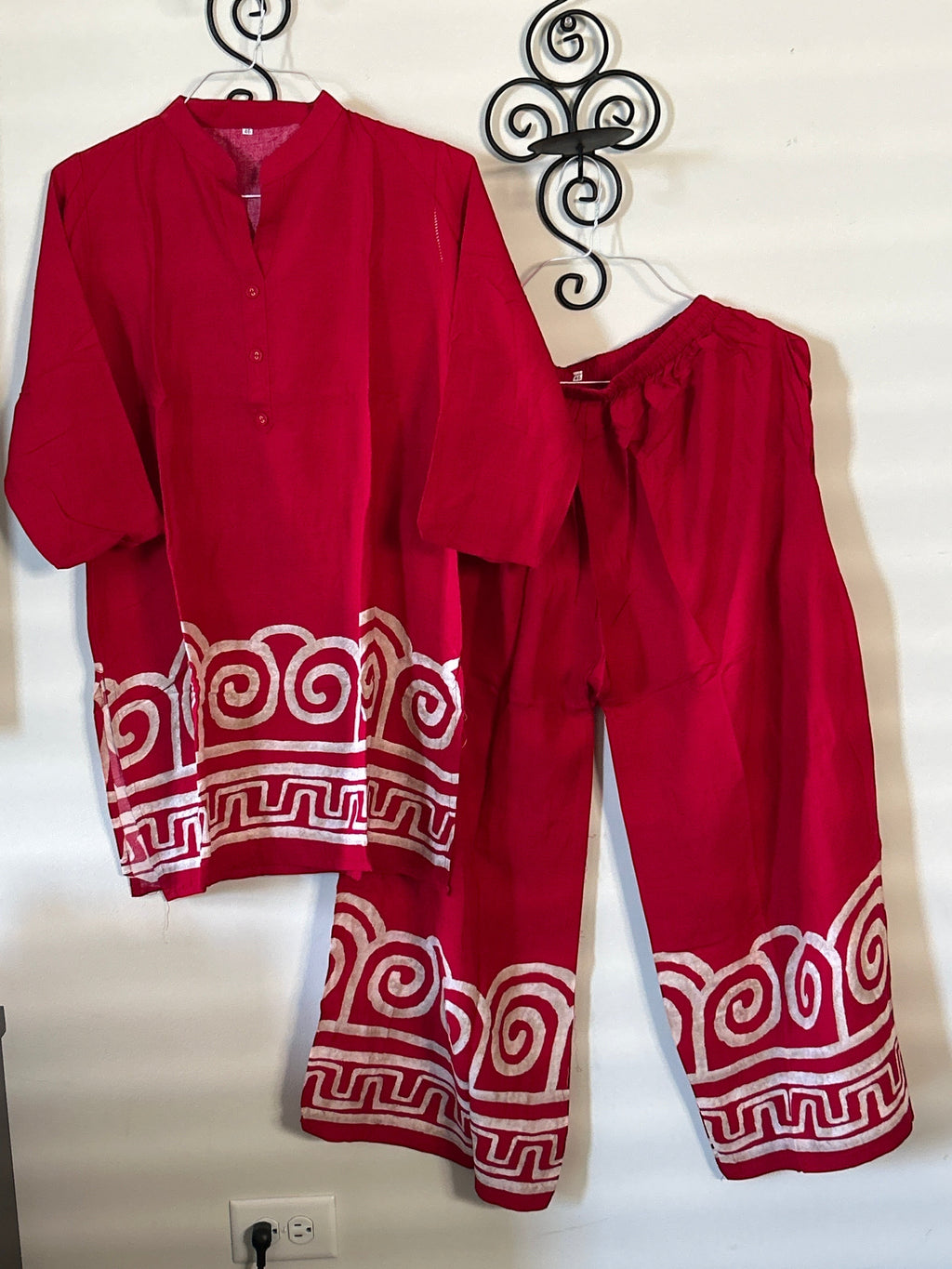 Kurti Connection USA red traditional kurti and pant set with white geometric hem patterns and mandarin collar