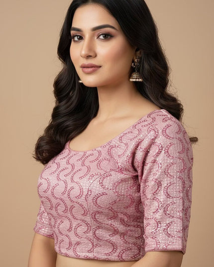 Kurti Connection USA rose pink embroidered crop top blouse with scoop neckline and three-quarter sleeves.