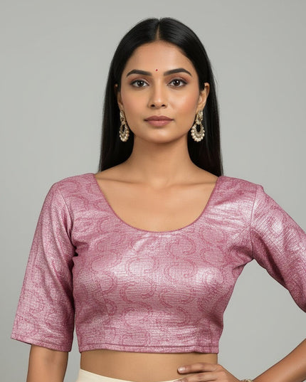Kurti Connection USA rose pink embroidered crop top blouse with scoop neckline and three-quarter sleeves, shimmering fabric.