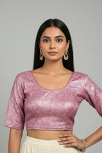 Kurti Connection USA rose pink embroidered crop top blouse with scoop neckline and three-quarter sleeves, shimmering fabric.