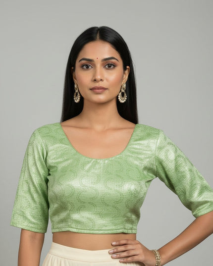 Kurti Connection USA rose pink shimmering embroidered crop top blouse with scoop neck and three-quarter sleeves.