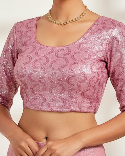 Kurti Connection USA rose pink sequined crop top blouse with scoop neck and three-quarter sleeves.