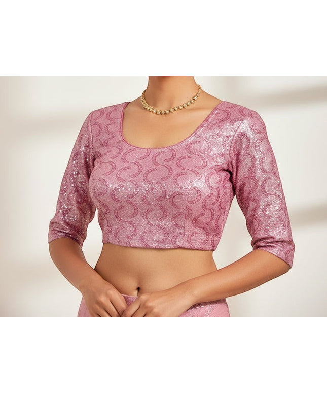 Kurti Connection USA rose pink sequined crop top blouse with scoop neck and three-quarter sleeves.