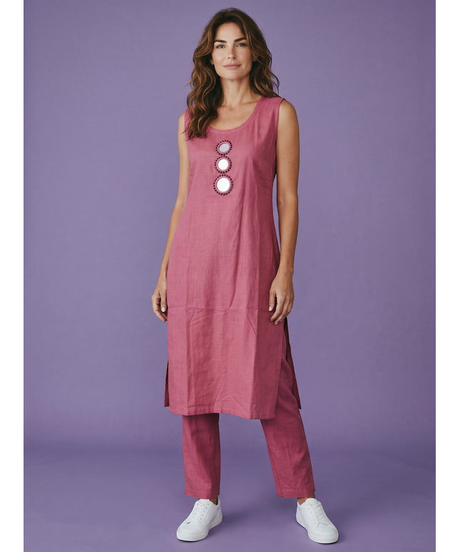 Kurti Connection USA rose textured sleeveless kurti with round neck and mirror embellishments, paired with matching pants.